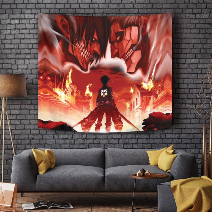 Burning Attack on Titan Tapestry Horizontal BRICK WALL Mockup - Attack On Titan Merch