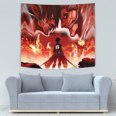 Burning Attack on Titan Tapestry Horizontal SMALL COUCH Mockup - Attack On Titan Merch