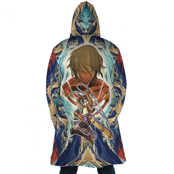 Trippy Eren Yeager Attack on Titan AOP Hooded Cloak Coat BACK Mockup - Attack On Titan Merch