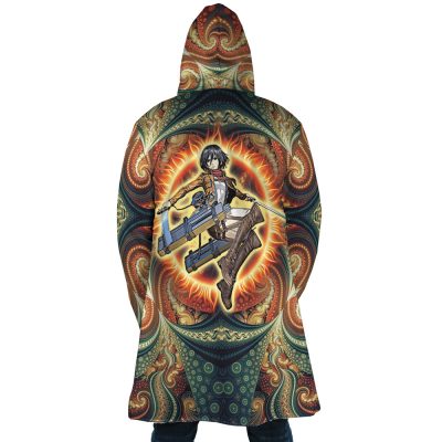 Trippy Mikasa Ackerman Attack on Titan AOP Hooded Cloak Coat BACK Mockup - Attack On Titan Merch