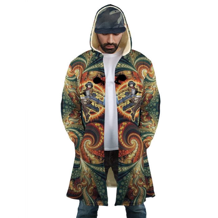 Trippy Mikasa Ackerman Attack on Titan AOP Hooded Cloak Coat FRONT Mockup - Attack On Titan Merch