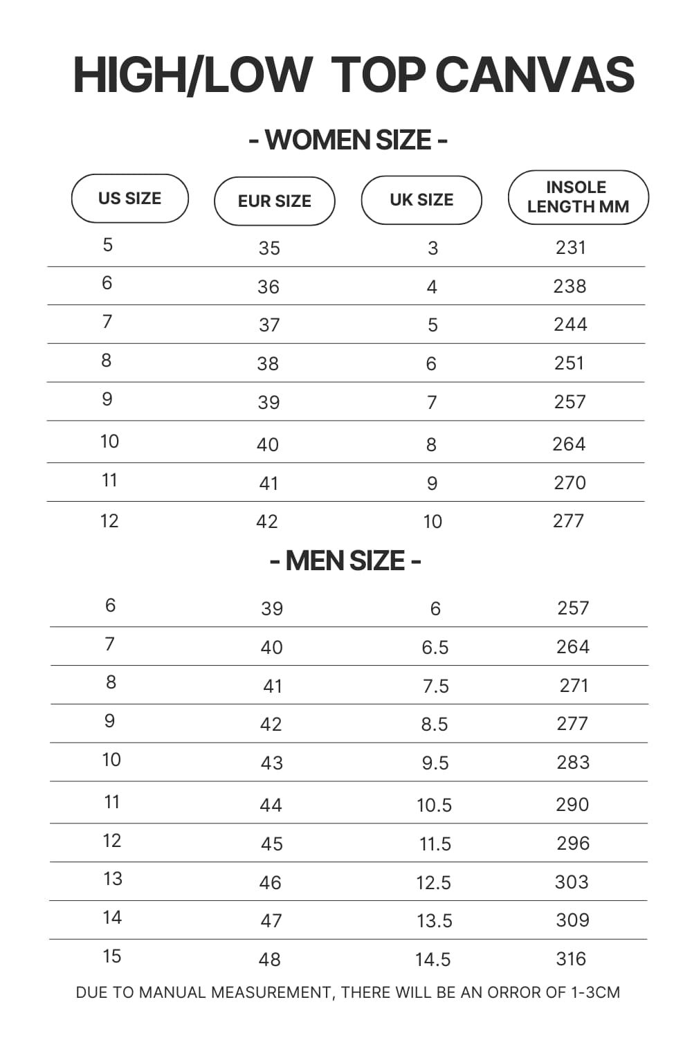 High Top Low Top Canvas Shoes Size Chart - Attack On Titan Merch